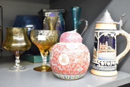 A collection of assorted colour art glass sold along with a reproduction ginger jar and a vintage
