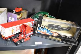 Modern Die-casts, GWILO Beetle on plinth with certificate, Lledo Thrust SSC and Queens 75th Birthday