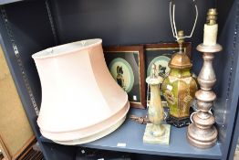 Three table lamps including two wooden bases and a marble base accompanied by two matching shades in