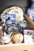 A small selection of blue and white ware including two Delft style tiles, a large blue and white