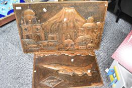 Two mid to late 20th-century copper repousse wall plaque, to feature a landscape scene and a jet