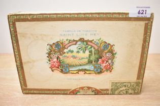 A vintage Saint Luis Rey cigar box from Havana, Cuba.