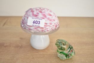 A small 20th-century Wedgwood studio glass mushroom, having pink speckled decoration; sold with a
