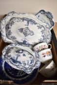Three Minton Marlow pattern teacups, four Burslem willow pattern side plates and two blue and