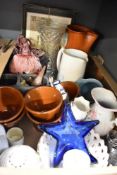 Four assorted jugs including a large stoneware jug, five stoneware conical bowls, a reticulated