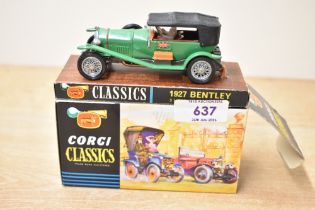 Corgi Classics Die-cast, 900 1927 Bentley, green and black, card display stand present and complete,