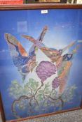 Al Kusuma (20th Century) Colour print on fabric, a vibrant study of butterflies on a flower,