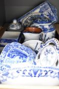 A carton of assorted blue and white ware including Copeland Spode Italian etc.