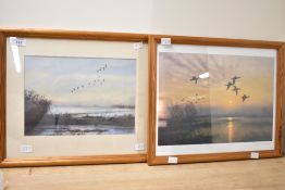 A print after Ian Phipps 'Pintail Over Ouse Washes' mounted, framed and glazed. Measuring 35cm x