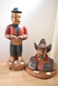 Two hand carve wooden folk art items including a Cowboy bust and a drummer boy figure.
