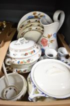 A decorative water bowl and jug decorated with pink and blue flowers, a Booths Silicon China part