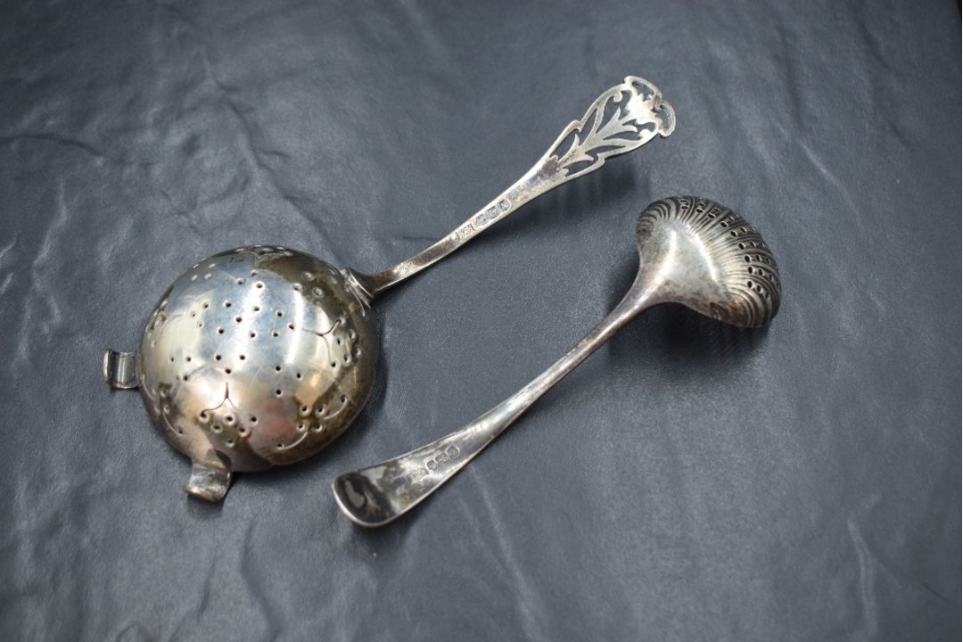 A Victorian silver sugar sifter, of traditional form having scroll decoration to terminal, along - Image 3 of 3