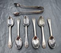 A cased set of six Victorian silver teaspoons and sugar tongs, having scroll decoration to terminals