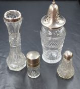 An Edwardian silver topped glass sugar caster, marks for Birmingham 1907, maker Richard Owen