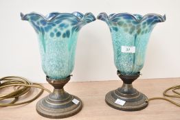 A pair of modern Heron Glass decorative patinated metal and art glass table lamps, the mottled and