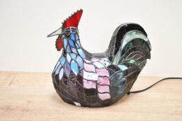 A late 20th-century Tiffany-style Chicken table lamp, featuring a seated chicken of colourful