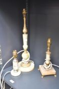 Three vintage onyx and brass lamp bases, with foliate gilt detailing, all unmarked, (3), condition