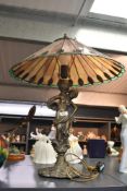 A large contemporary Tiffany-style fan table lamp, featuring a colourful shade of repeating