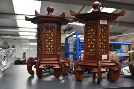 Two vintage Chinese pagoda lantern-style table lamps, featuring removable panels and finial with