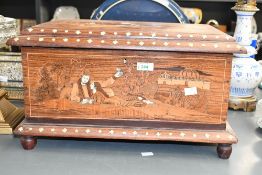 A large 20th-century Indian inlaid marquetry rosewood and animal bone box, featuring scenes of