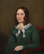 A 19th Century oil on canvas portrait, depicting a young woman in green lace lined dress,