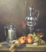 Andreas Gyula Bubarnik (Hungarian 1936-2010) Oil on canvas, a still life tablescape with fruit and