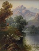 Daniel H Winder (British 1870-1920) Oil on board, an idyllic mountainous river scene with figures,