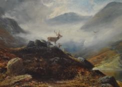 Clarence Henry Roe (British 1850-1909) Oil on canvas, a misted Scottish valley scene with stag,