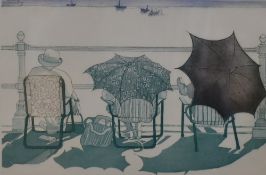 A 20th Century colourised etching 'Summer', depicting figures in deck chairs beside the sea,