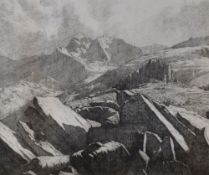 After David Woodford RCA (British b.1938) Etching, depicting the mountain tops of Snowdonia,