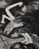 After Sue Stockwell (British Contemporary) Etching 'Teetering on the Edge', depicting a surreal