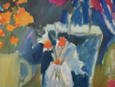 Tina Balmer (British Contemporary) Acrylic still life, a study of vibrant vases of flowers, signed