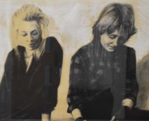 Dave Hartnop (British 20th Century) Mixed media 'Emma & Lynn', a study of a pair of seated women