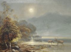 Clarence Henry Roe (British 1850-1909) Oil on canvas, a moonlit Scottish Loch scene with a pair of