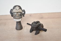 A small vintage African hand carved hard stone bust, featuring a stylised male with geometric