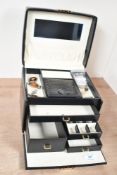A black faux crocodile jewellery box containing three silver pendants and odd earrings etc.