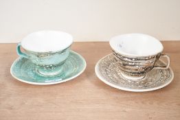 Two late 20th-century French Niderviller studio pottery cup and saucer sets, to feature 'Mousse' and