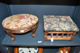 Two early 20th-century wooden footstools, the oval-formed example featuring a delicate needlepoint