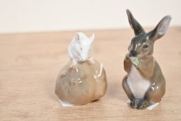 A small vintage Royal Copenhagen Denmark porcelain Rabbit and a Mouse on Chestnut figurines, after