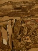 After Peter Lyon (British 20th Century) Colourised etching 'Hilltop', a landscape study with bird of