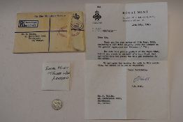 An Elizabeth II 1956 Sixpence Struck On A Thin Flan, Original Royal Mint Tower Hill, Letter dated