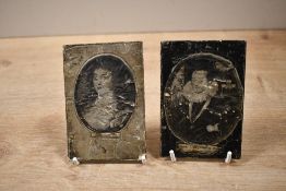 Two unusual 19th-century portrait prints on presumed leather and frabric backed by copper plates, to