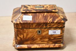 A fine 19th-century British Regency faux blonde tortoiseshell-veneered tea caddy of pagoda form,