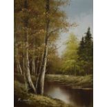 R Honteny (20th Century) Oil on canvas, a woodland river scene, signed lower left, within moulded