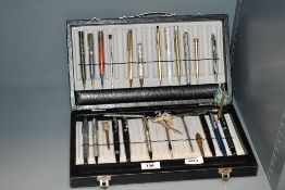 A hard pen case (30 pen) with contents including Fountain pens, ballpoint pens and pencils