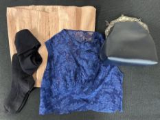 Collection of 20th century accessories to include an Edwardian bodice / 'dignity' layer in royal