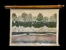 A circa. 1960-1970s vintage large woodblock print in a gradient of green, grey, mauve and black on