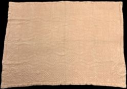 An antique English quilt or bed cover in blush pink satin and taffeta, with stitching depicting