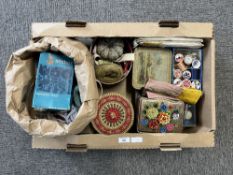 Assorted vintage sewing patterns and haberdashery, to include cotton reels, ribbons, tapestry