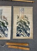 Two circa 1960-1970s vintage Japanese woodblock prints depicting a rushing waterfall and ferns, in